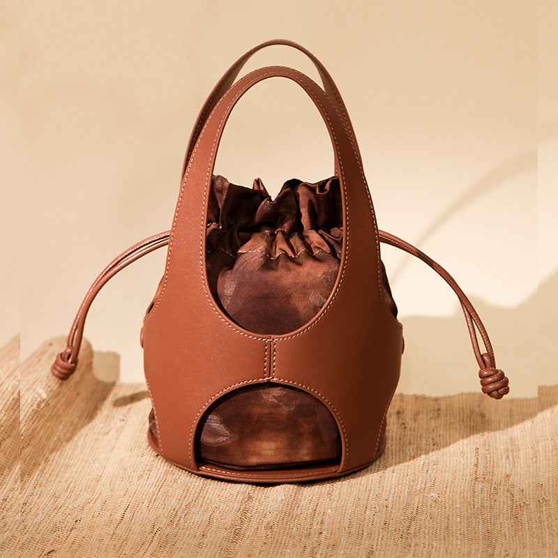 Xiangyunsha Silk Drawstring Bucket Bag Mulberry Silk &amp; Leather Handbag for Women