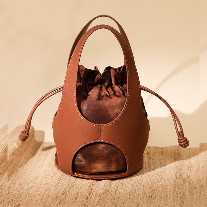 Xiangyunsha Silk Drawstring Bucket Bag Mulberry Silk &amp; Leather Handbag for Women