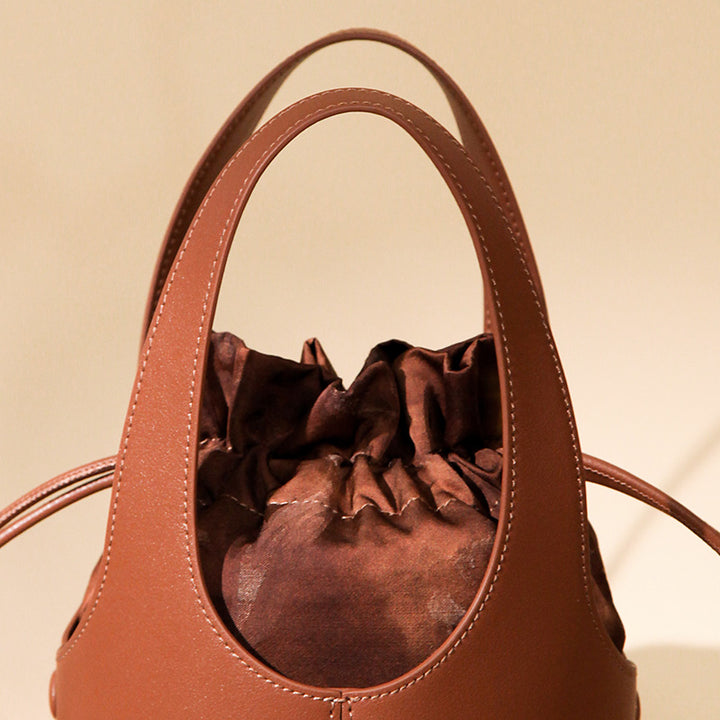 Xiangyunsha Silk Drawstring Bucket Bag Mulberry Silk &amp; Leather Handbag for Women