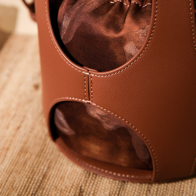 Xiangyunsha Silk Drawstring Bucket Bag Mulberry Silk &amp; Leather Handbag for Women