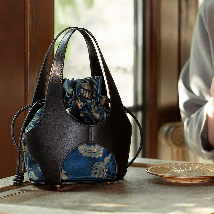 Xiangyunsha Silk Drawstring Bucket Bag Mulberry Silk &amp; Leather Handbag for Women
