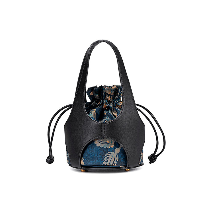 Xiangyunsha Silk Drawstring Bucket Bag Mulberry Silk &amp; Leather Handbag for Women