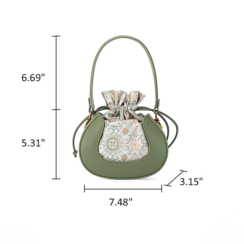 Song Brocade Silk Bucket Bag Green Floral Crossbody Top Handle Handbag