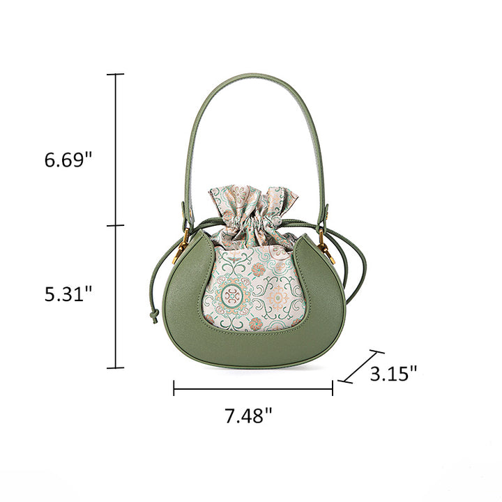 Song Brocade Silk Bucket Bag Green Floral Crossbody Top Handle Handbag