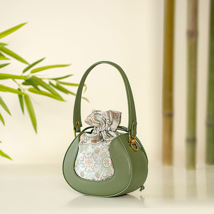 Song Brocade Silk Bucket Bag Green Floral Crossbody Top Handle Handbag