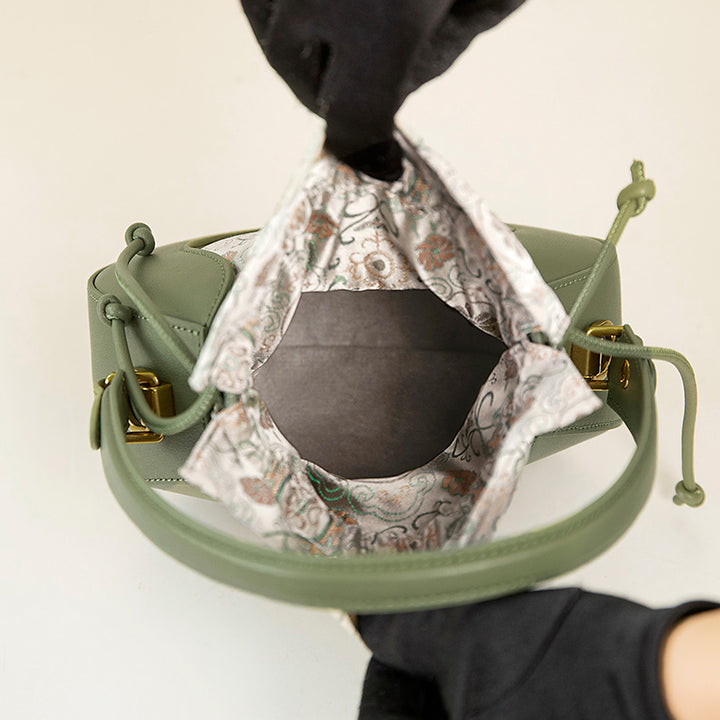 Song Brocade Silk Bucket Bag Green Floral Crossbody Top Handle Handbag