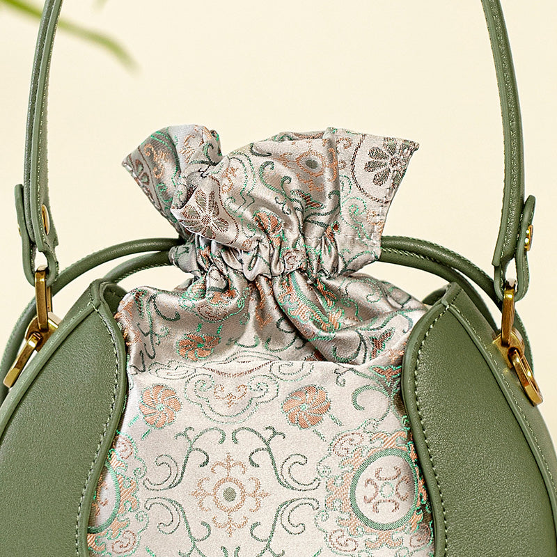Song Brocade Silk Bucket Bag Green Floral Crossbody Top Handle Handbag