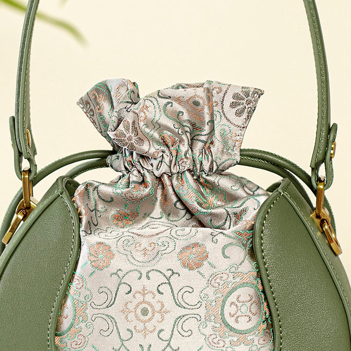 Song Brocade Silk Bucket Bag Green Floral Crossbody Top Handle Handbag
