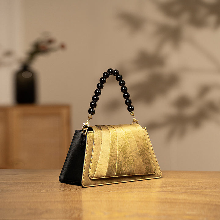 Fan-Pleated Silk Top Handle Bag Xiangyunsha &amp; Beaded Handle Gold, Red &amp; Green