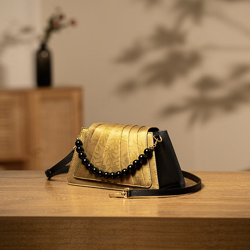 Fan-Pleated Silk Top Handle Bag Xiangyunsha &amp; Beaded Handle Gold, Red &amp; Green