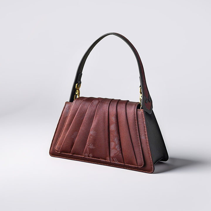Fan-Pleated Silk Top Handle Bag Xiangyunsha &amp; Beaded Handle Gold, Red &amp; Green