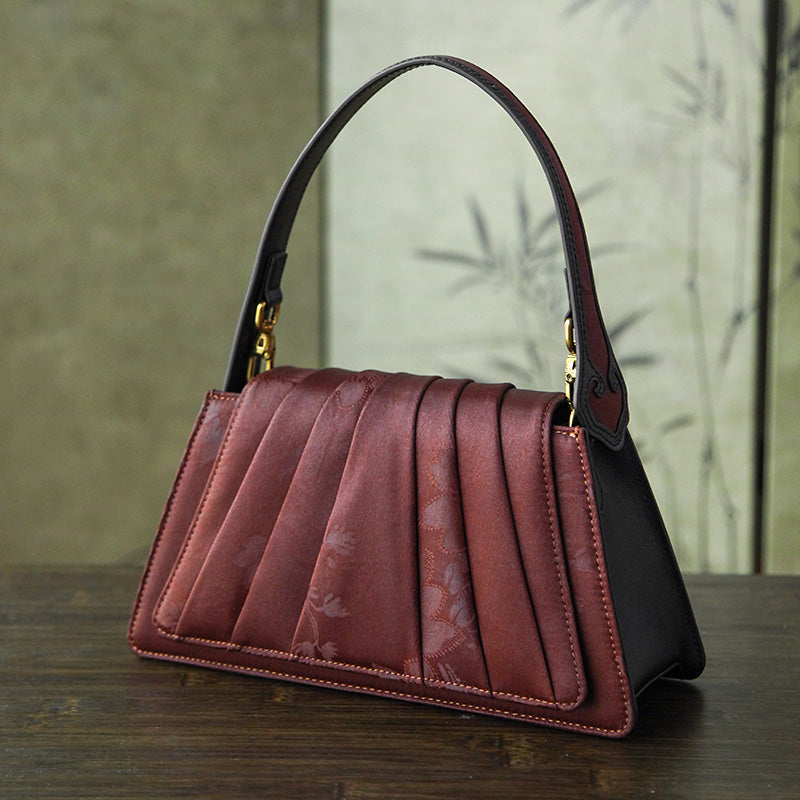 Fan-Pleated Silk Top Handle Bag Xiangyunsha &amp; Beaded Handle Gold, Red &amp; Green