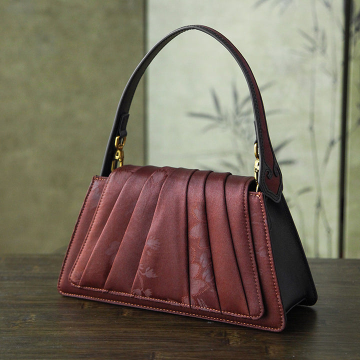 Fan-Pleated Silk Top Handle Bag Xiangyunsha &amp; Beaded Handle Gold, Red &amp; Green
