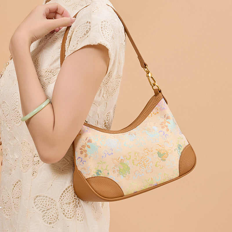 Yellow Leather Underarm Half Moon Bag with Brocade Chinese Pattern Sanduo Motif