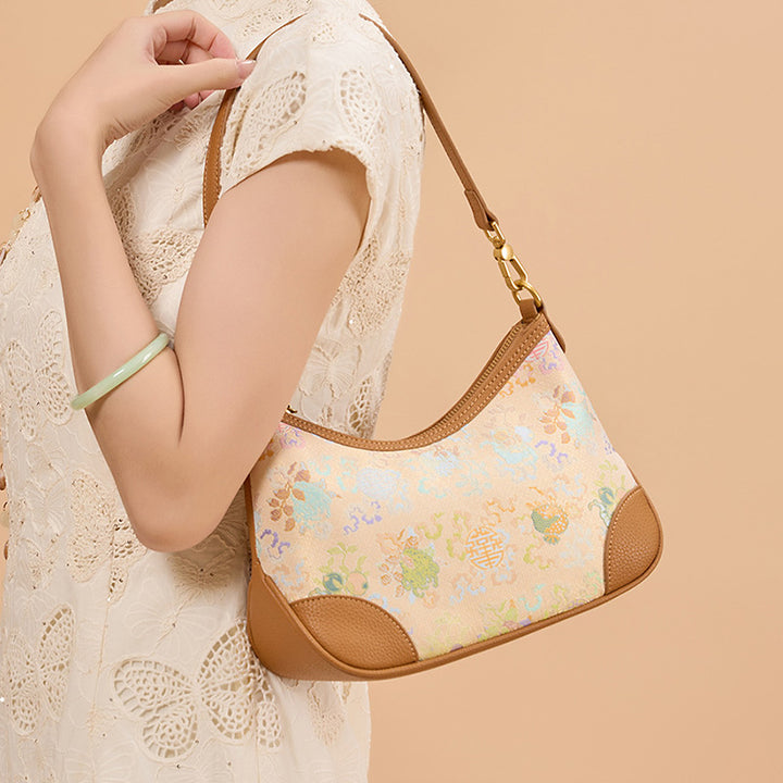 Yellow Leather Underarm Half Moon Bag with Brocade Chinese Pattern Sanduo Motif
