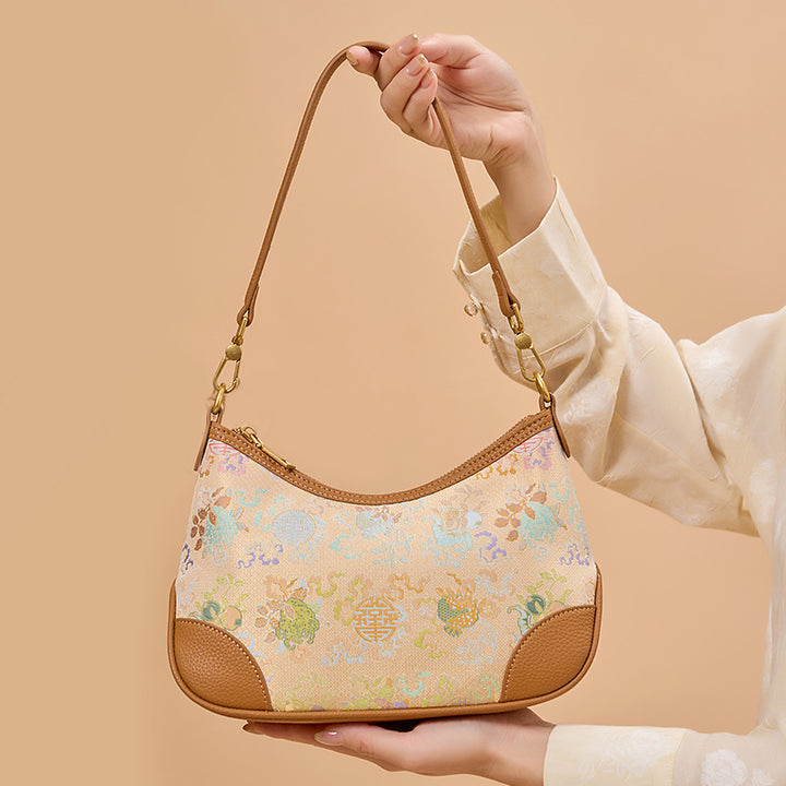 Yellow Leather Underarm Half Moon Bag with Brocade Chinese Pattern Sanduo Motif