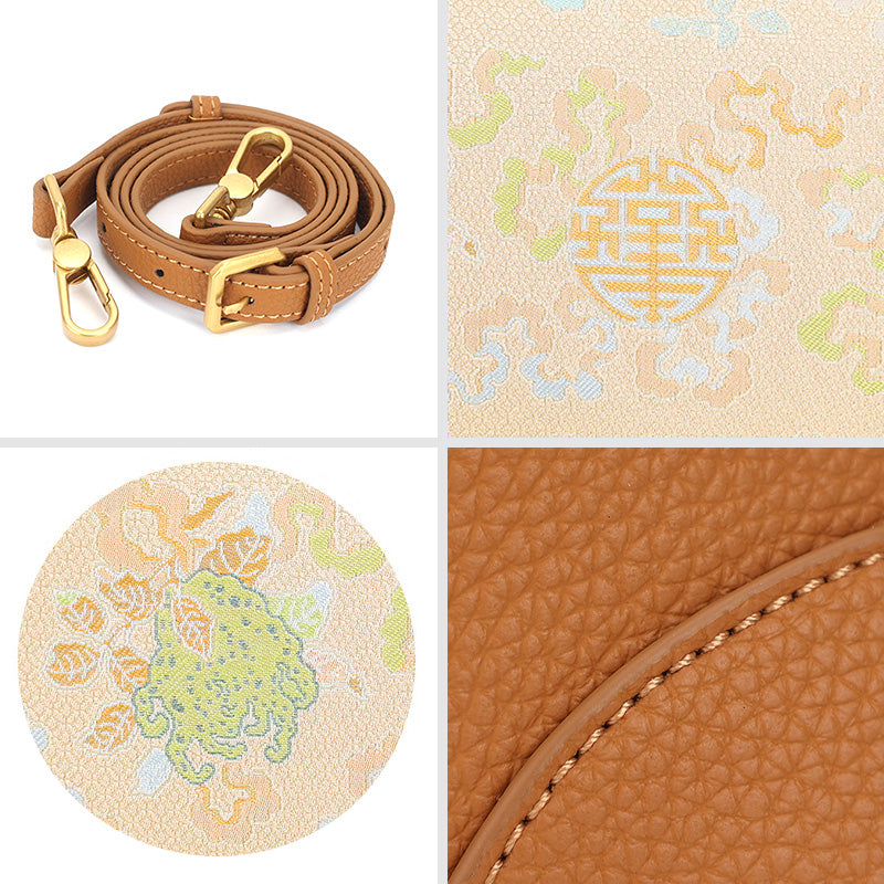 Yellow Leather Underarm Half Moon Bag with Brocade Chinese Pattern Sanduo Motif