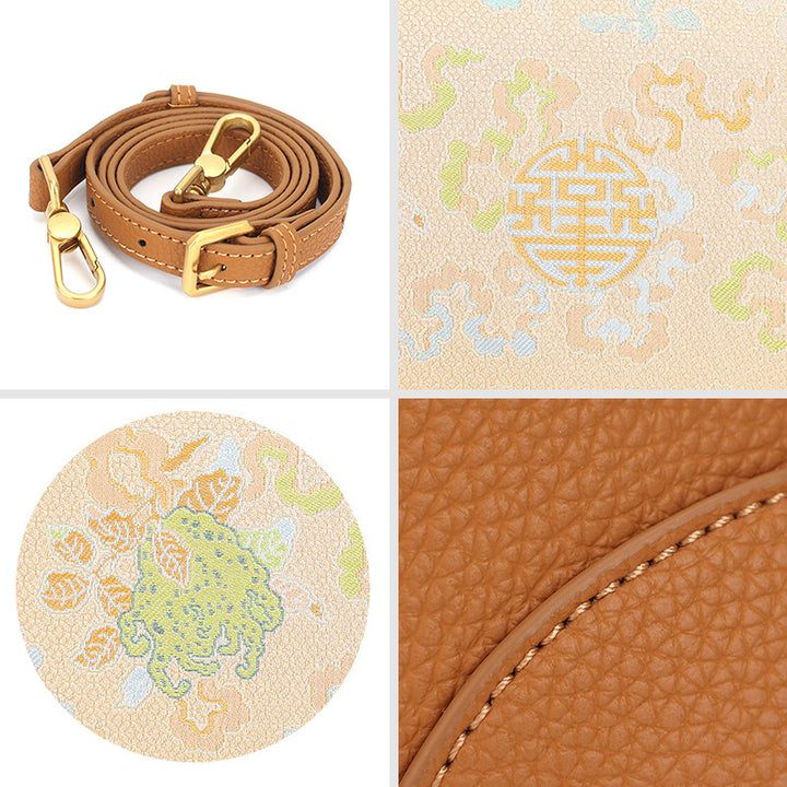 Yellow Leather Underarm Half Moon Bag with Brocade Chinese Pattern Sanduo Motif