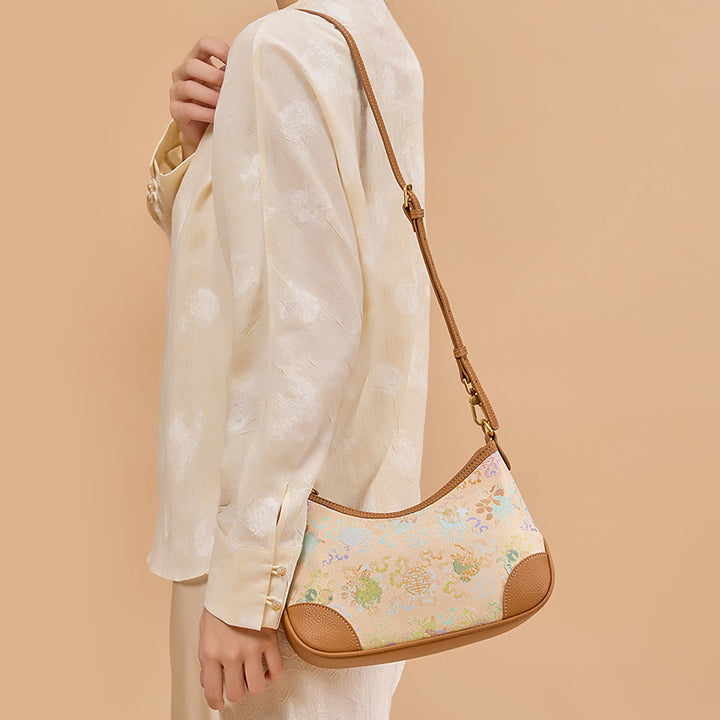 Yellow Leather Underarm Half Moon Bag with Brocade Chinese Pattern Sanduo Motif