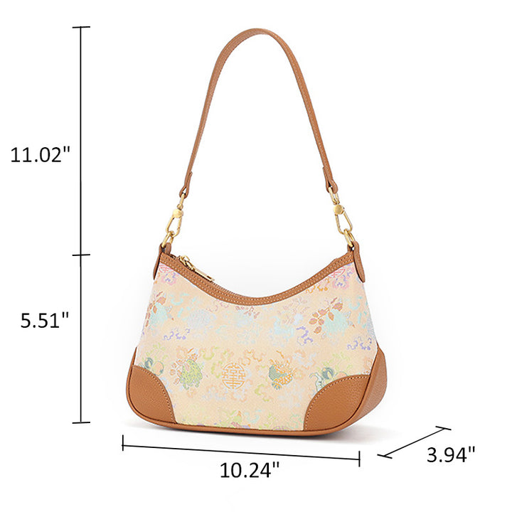 Yellow Leather Underarm Half Moon Bag with Brocade Chinese Pattern Sanduo Motif