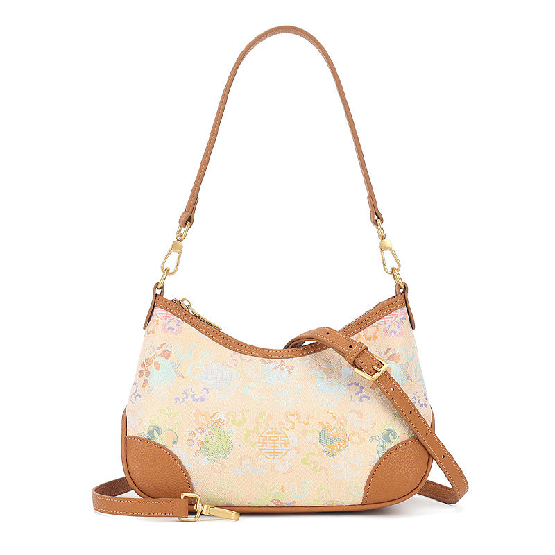Yellow Leather Underarm Half Moon Bag with Brocade Chinese Pattern Sanduo Motif