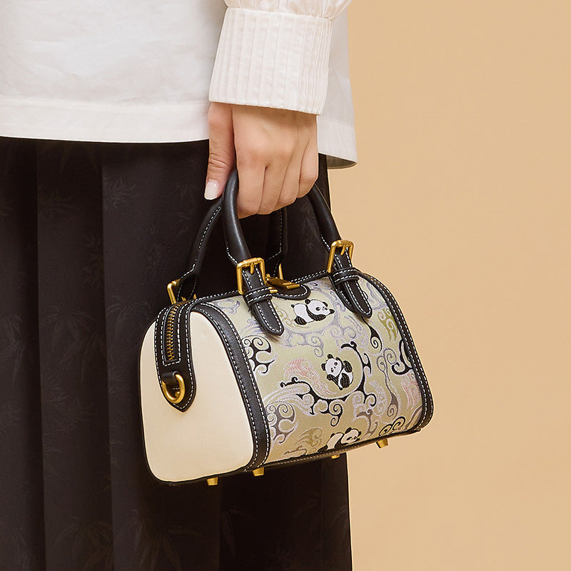Panda Boston Bag Black Cowhide Leather &amp; Shu Brocade Silk Chinese Gift Bag