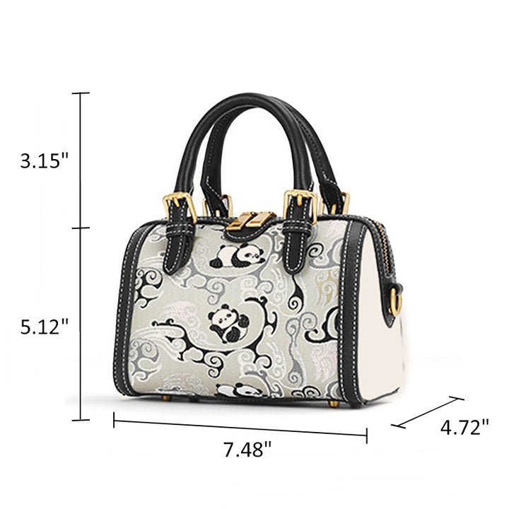 Panda Boston Bag Black Cowhide Leather &amp; Shu Brocade Silk Chinese Gift Bag