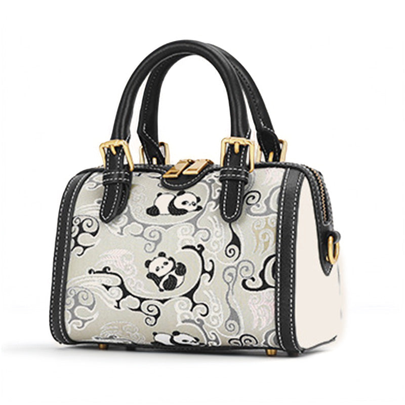 Panda Boston Bag Black Cowhide Leather &amp; Shu Brocade Silk Chinese Gift Bag