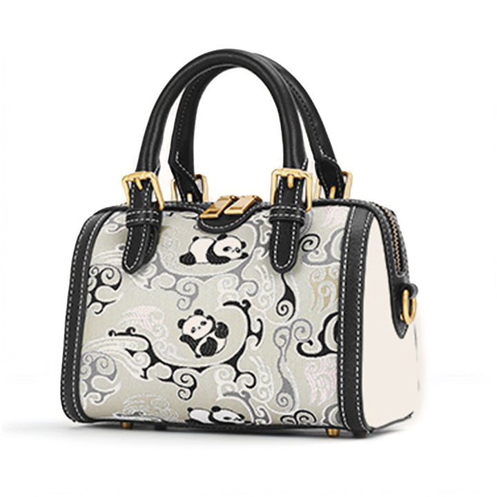 Panda Boston Bag Black Cowhide Leather &amp; Shu Brocade Silk Chinese Gift Bag