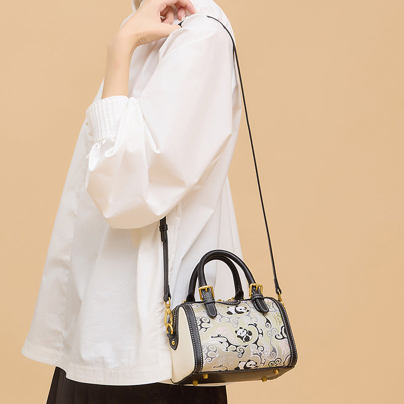 Panda Boston Bag Black Cowhide Leather &amp; Shu Brocade Silk Chinese Gift Bag