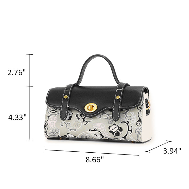 Panda Satchel Bag Black Cowhide Leather &amp; Shu Brocade Silk Turn-Lock Closure