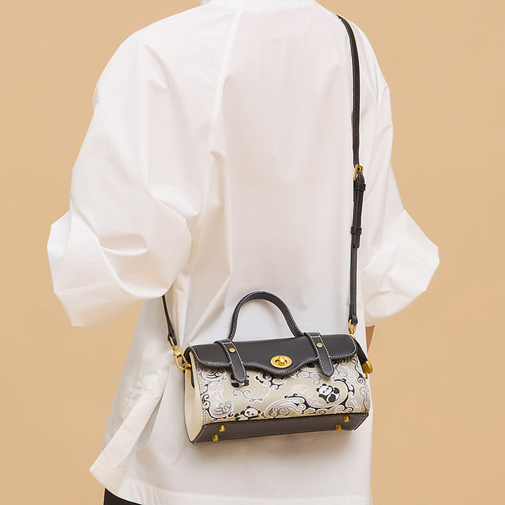 Panda Satchel Bag Black Cowhide Leather &amp; Shu Brocade Silk Turn-Lock Closure