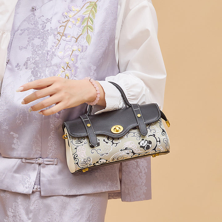 Panda Satchel Bag Black Cowhide Leather &amp; Shu Brocade Silk Turn-Lock Closure