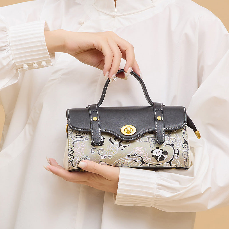Panda Satchel Bag Black Cowhide Leather &amp; Shu Brocade Silk Turn-Lock Closure