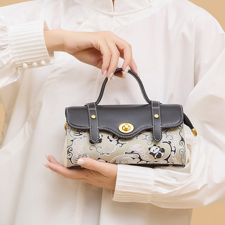Panda Satchel Bag Black Cowhide Leather &amp; Shu Brocade Silk Turn-Lock Closure