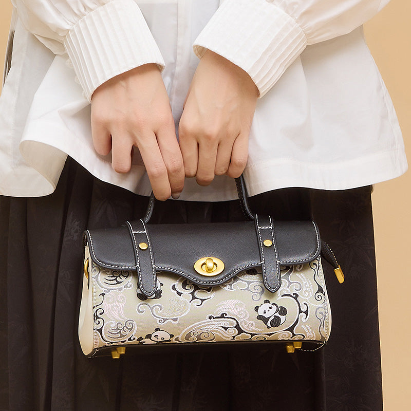 Panda Satchel Bag Black Cowhide Leather &amp; Shu Brocade Silk Turn-Lock Closure