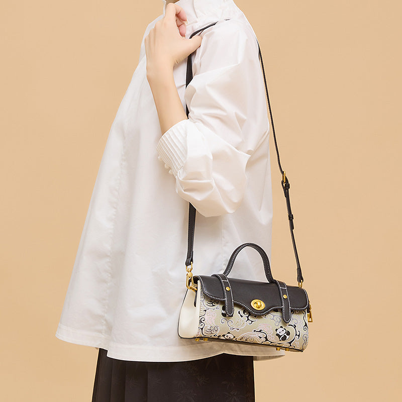 Panda Satchel Bag Black Cowhide Leather &amp; Shu Brocade Silk Turn-Lock Closure