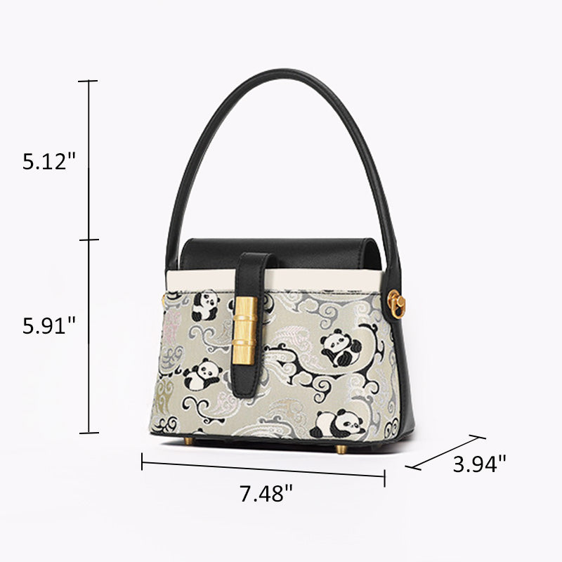 Panda Flap Bag Black Cowhide Leather &amp; Shu Brocade Silk Magnetic Closure