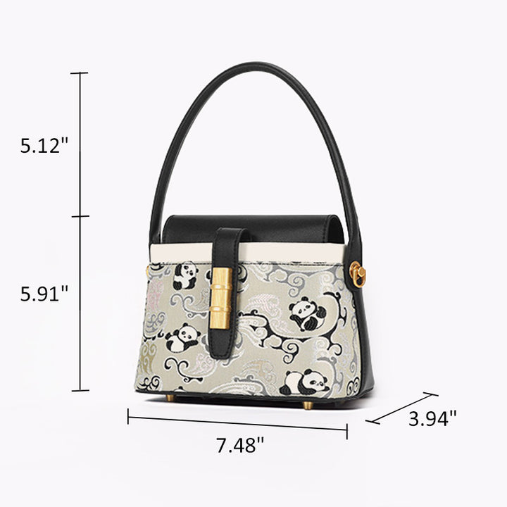 Panda Flap Bag Black Cowhide Leather &amp; Shu Brocade Silk Magnetic Closure