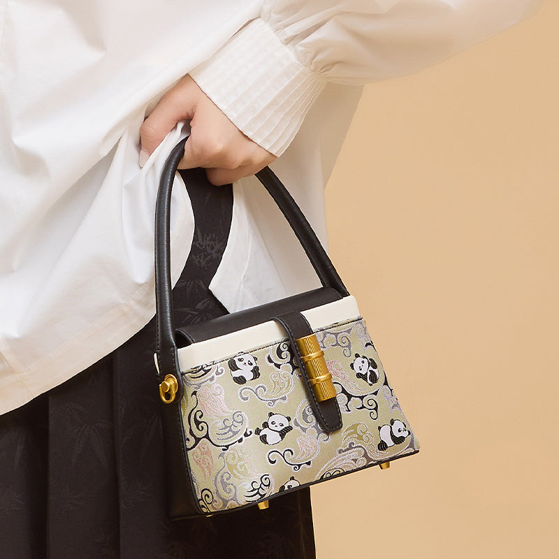 Panda Flap Bag Black Cowhide Leather &amp; Shu Brocade Silk Magnetic Closure