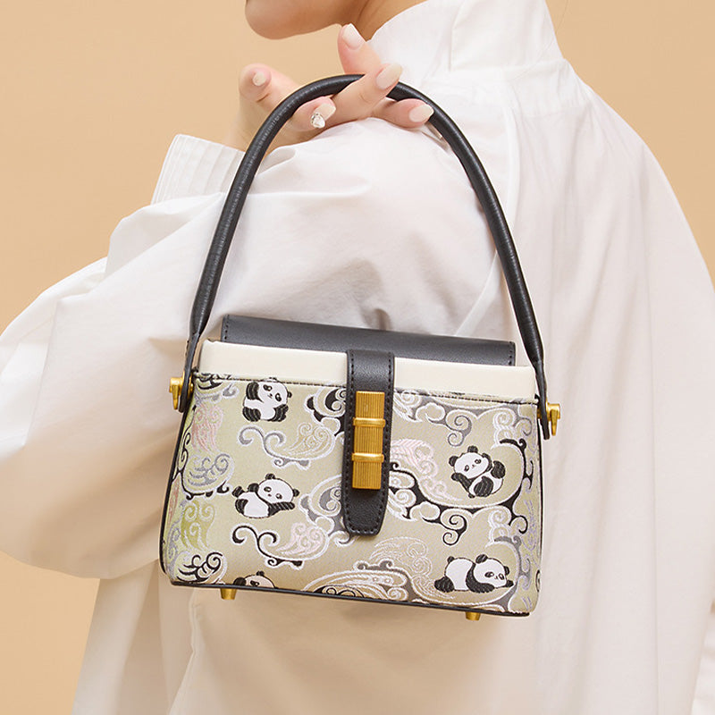 Panda Flap Bag Black Cowhide Leather &amp; Shu Brocade Silk Magnetic Closure