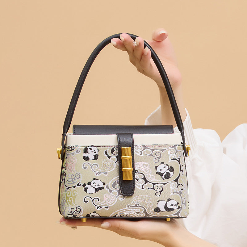 Panda Flap Bag Black Cowhide Leather &amp; Shu Brocade Silk Magnetic Closure
