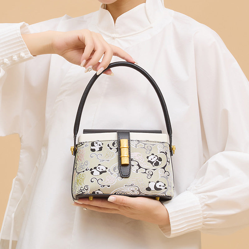 Panda Flap Bag Black Cowhide Leather &amp; Shu Brocade Silk Magnetic Closure