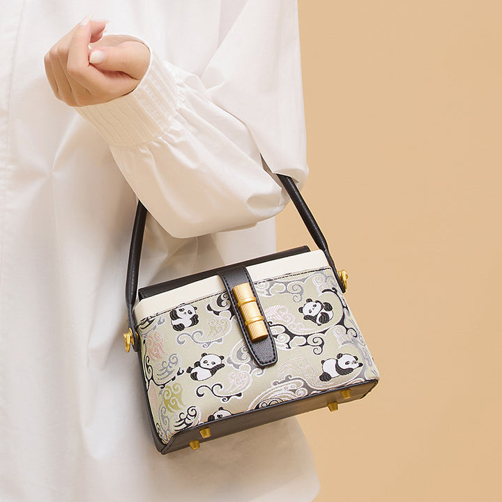 Panda Flap Bag Black Cowhide Leather &amp; Shu Brocade Silk Magnetic Closure