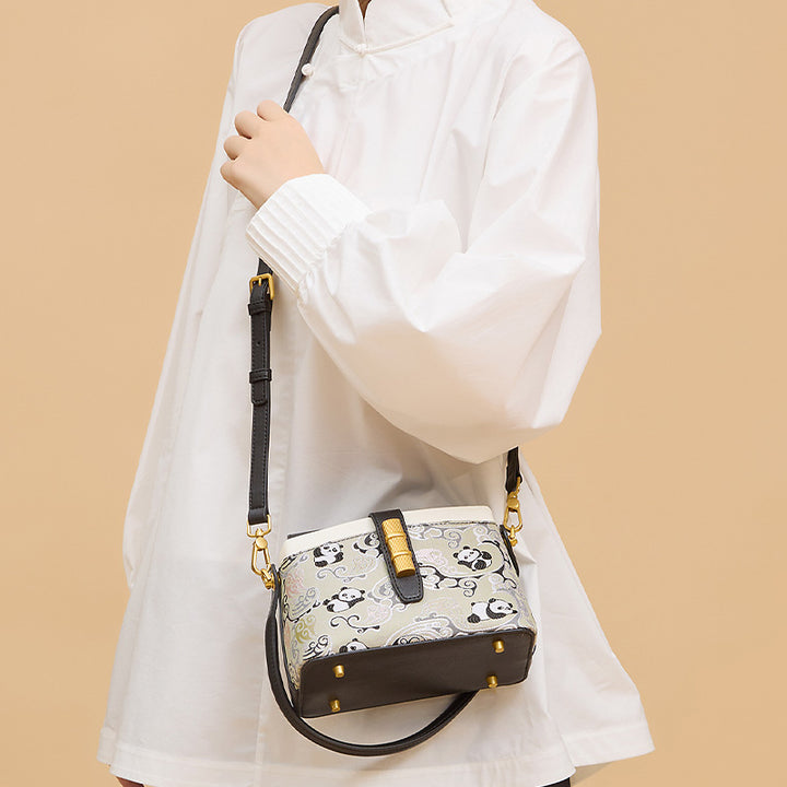 Panda Flap Bag Black Cowhide Leather &amp; Shu Brocade Silk Magnetic Closure