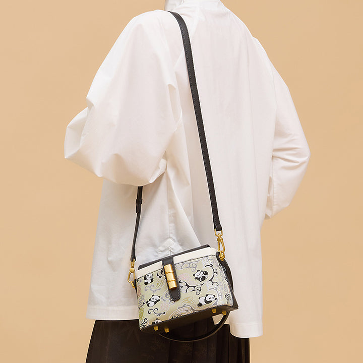 Panda Flap Bag Black Cowhide Leather &amp; Shu Brocade Silk Magnetic Closure
