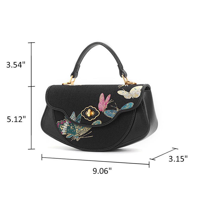 Butterfly Saddle Bag Black Cowhide Leather &amp; Song Brocade Silk Shell Inlay Detail