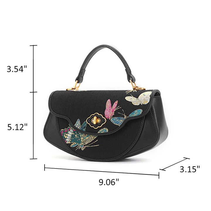 Butterfly Saddle Bag Black Cowhide Leather &amp; Song Brocade Silk Shell Inlay Detail