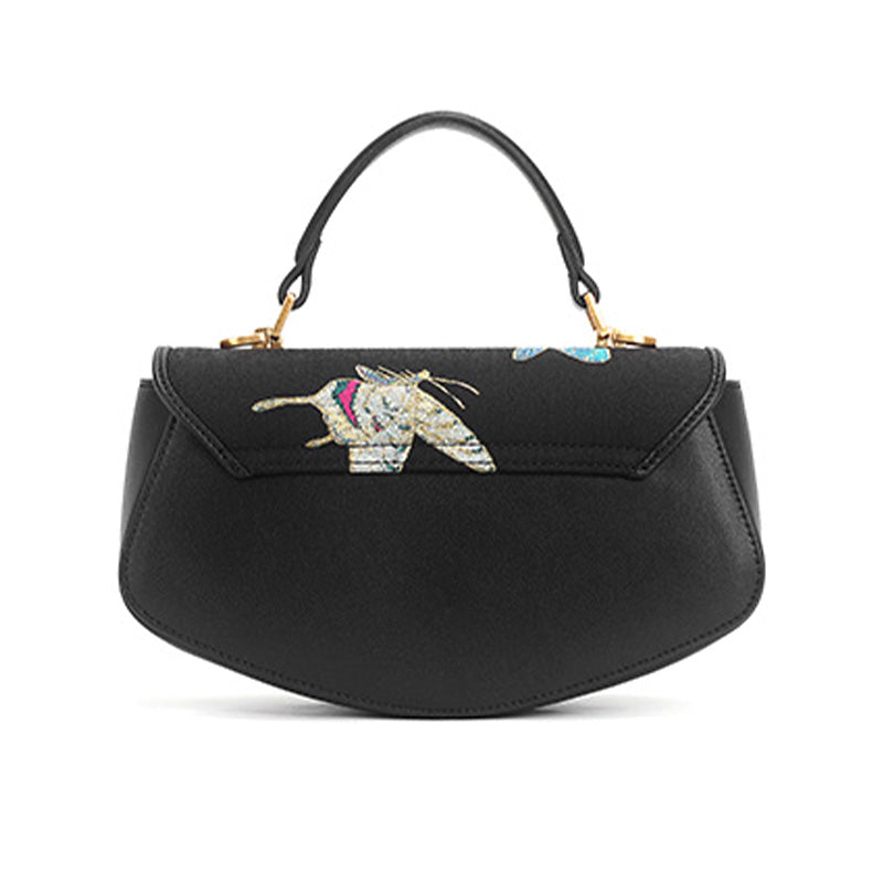 Butterfly Saddle Bag Black Cowhide Leather &amp; Song Brocade Silk Shell Inlay Detail