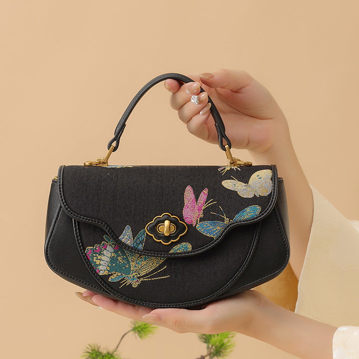 Butterfly Saddle Bag Black Cowhide Leather &amp; Song Brocade Silk Shell Inlay Detail